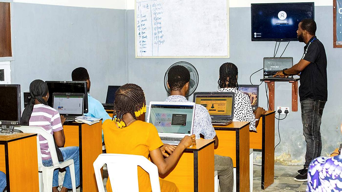 Students working on computers in the GeoTech Academy lab